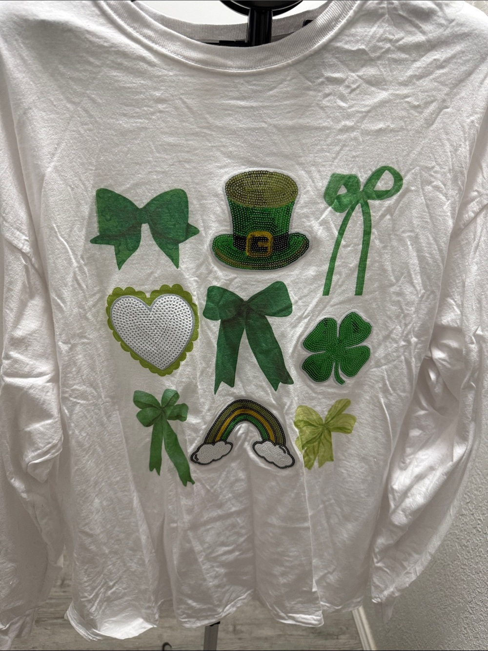 White Graphic Tee with Green St. Patrick’s Day Icons